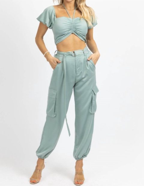 Crop + Cargo Jogger Pant Set In Jade