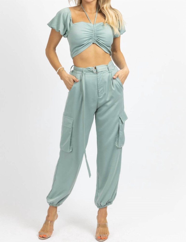 Crop + Cargo Jogger Pant Set In Jade