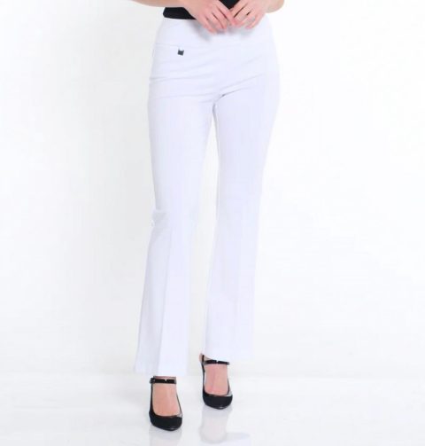 Wide Band Elastic Waist Flare Leg Pant In White 7670792192060