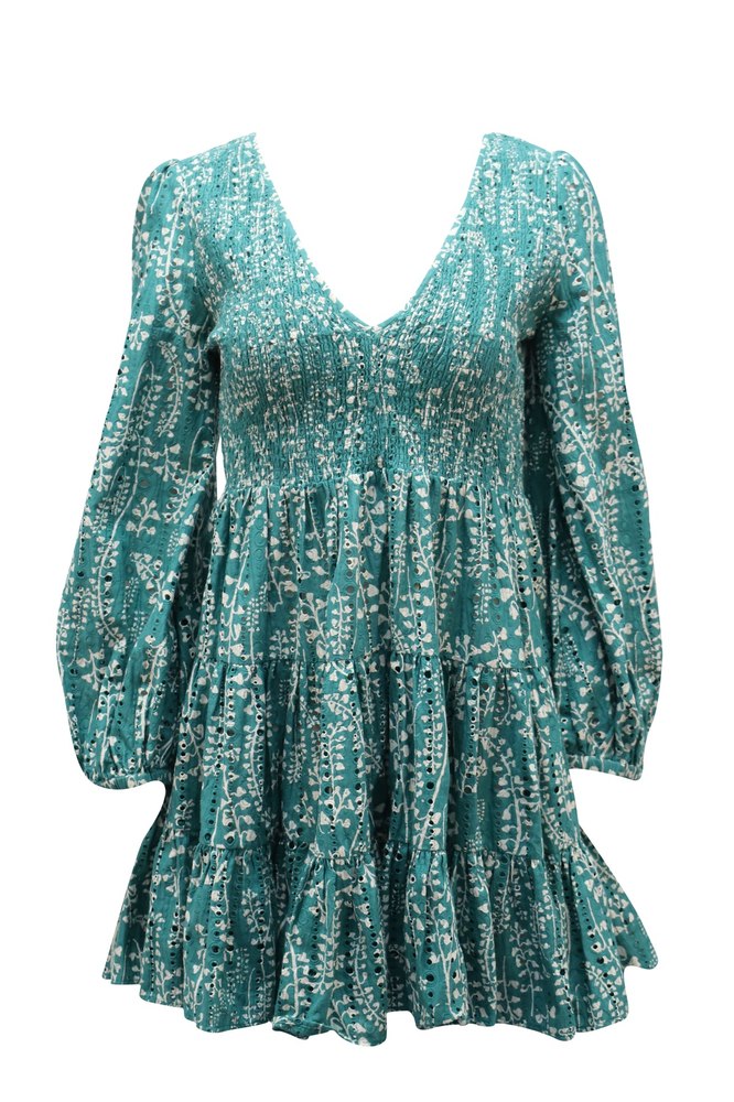 Rixo Sasha Long Sleeve Mini Dress in Green Cotton 7765030109244