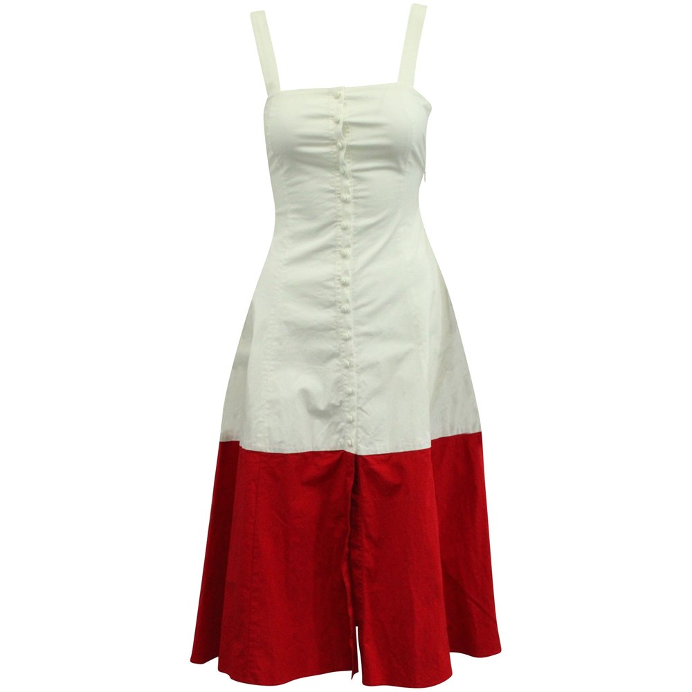Staud Two-tone Buttondown Sun Dress in White/Red Cotton 7765031518268