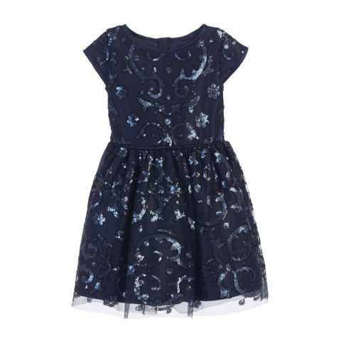 Little Girls Navy Sparkle Sequin Mesh Satin Occasion Dress 4-6