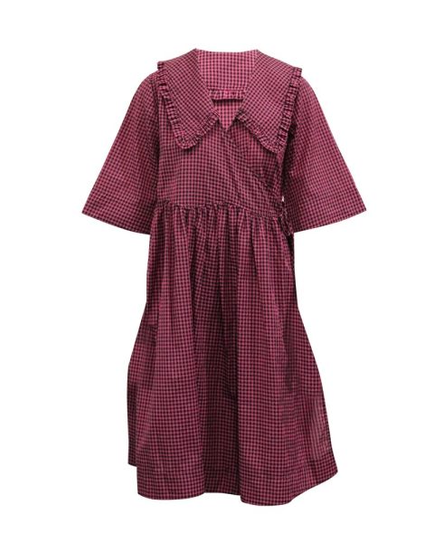 Ganni Check Print A-line Dress in Pink Cotton 7765047902268