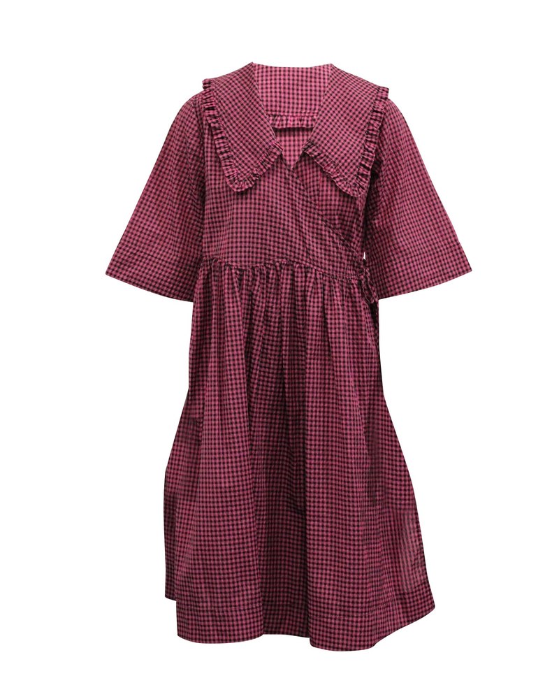 Ganni Check Print A-line Dress in Pink Cotton 7765047902268