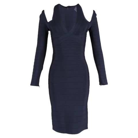 Herve Leger Nina Cold Shoulder Dress in Navy Blue Rayon