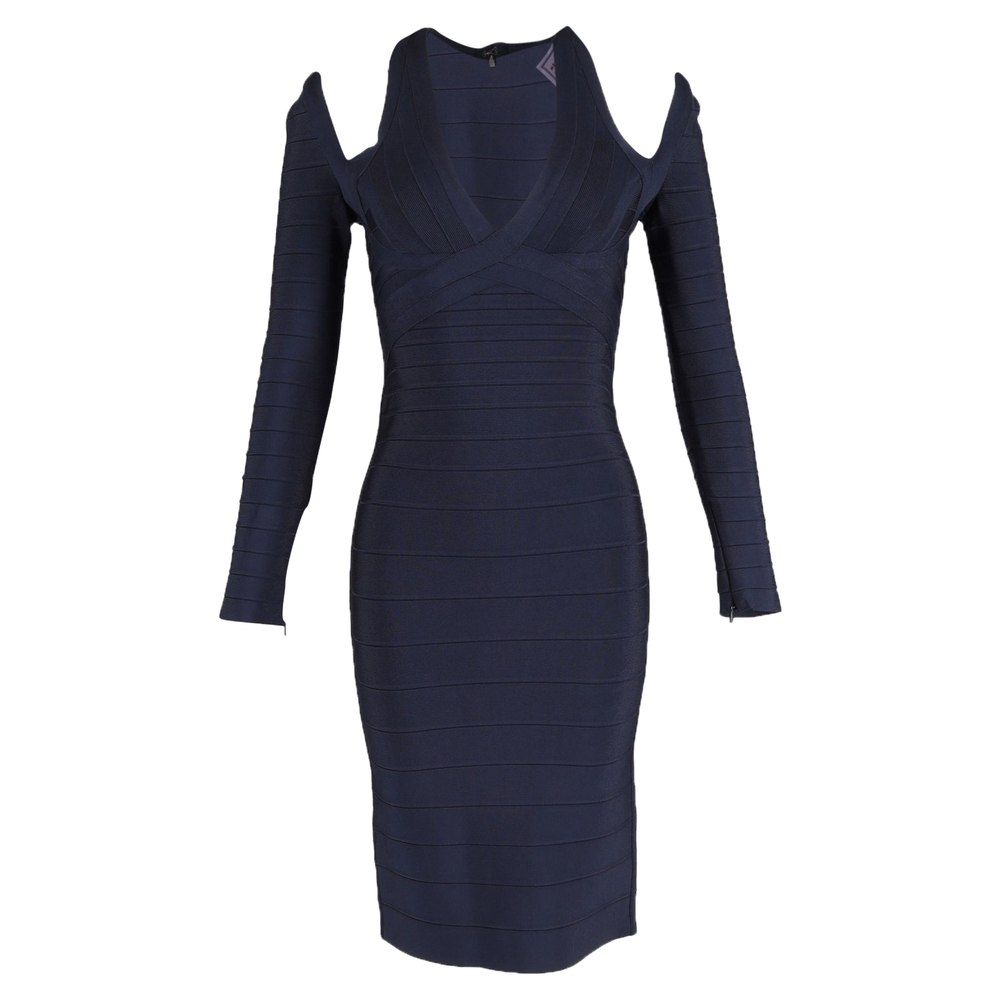 Herve Leger Nina Cold Shoulder Dress in Navy Blue Rayon
