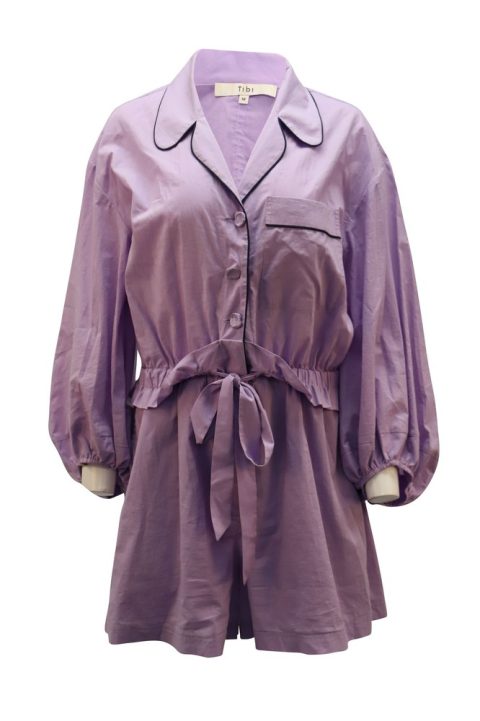 Tibi Baptise Pajama Romper with Waist Tie in Purple Cotton 7765053734972