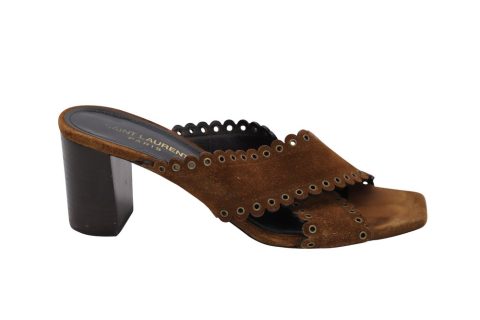 Saint Laurent Loulou Scalloped Sandals in Brown Suede 7765079228476