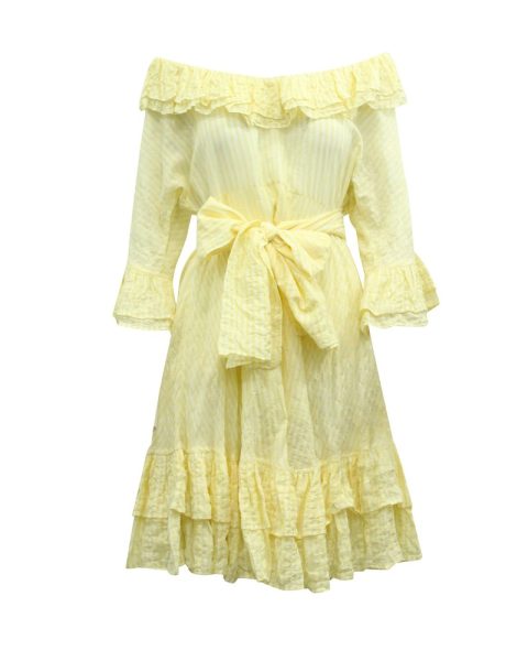 Lisa Marie Fernandez Striped Off Shoulder Midi Dress in Yellow Cotton 7765092335676