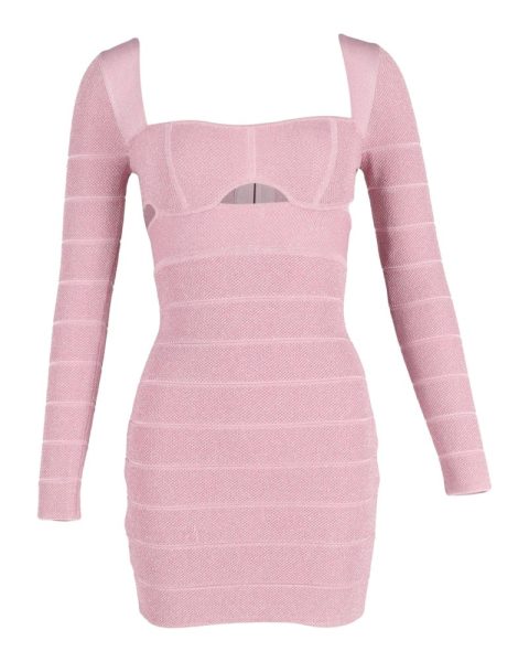 Herve Leger Cutout Long-Sleeve Mini Dress in Pink Polyester
