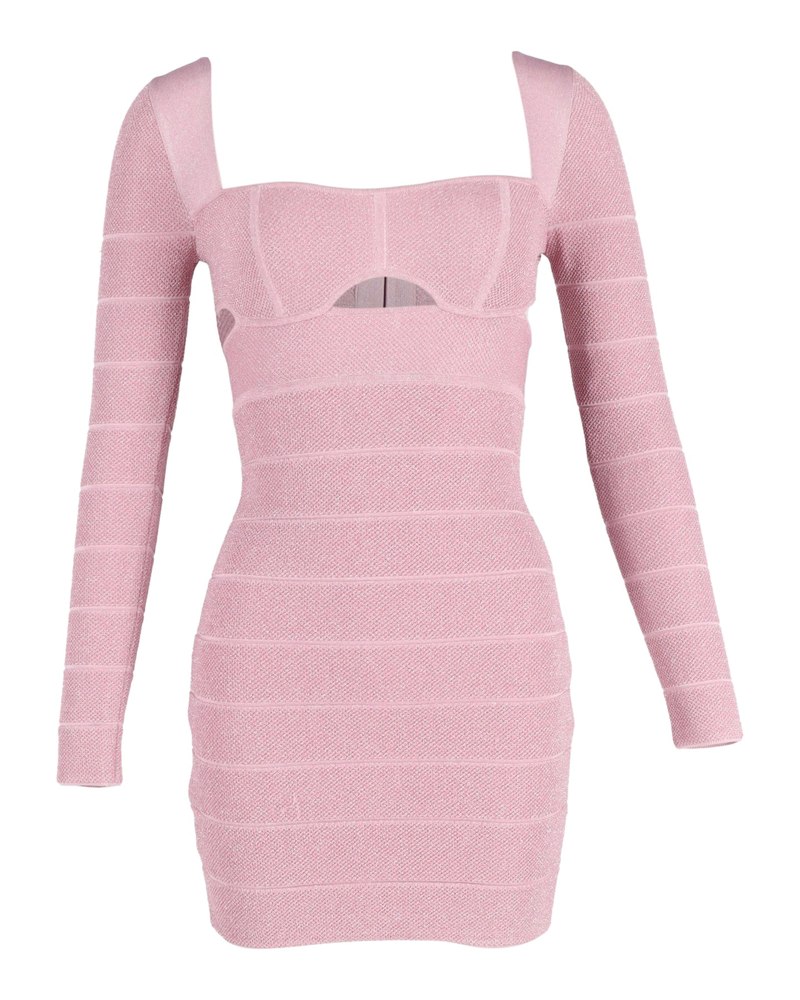 Herve Leger Cutout Long-Sleeve Mini Dress in Pink Polyester