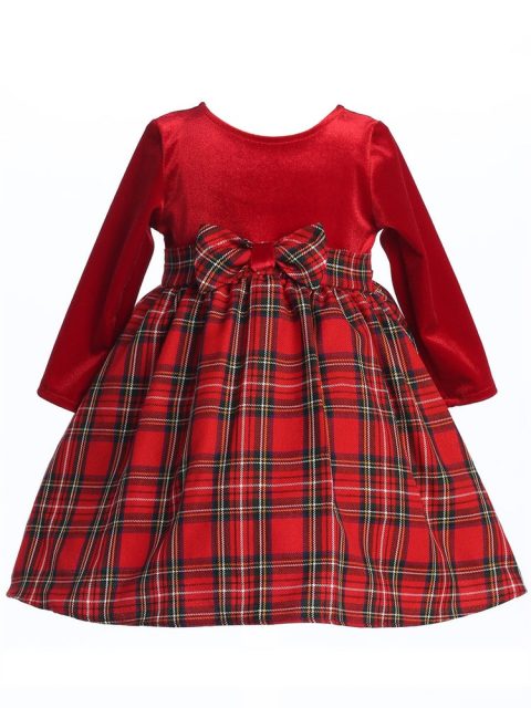 Baby Girls Red Stretch Velvet Plaid Pattern Bow Occasion Dress 3-24M