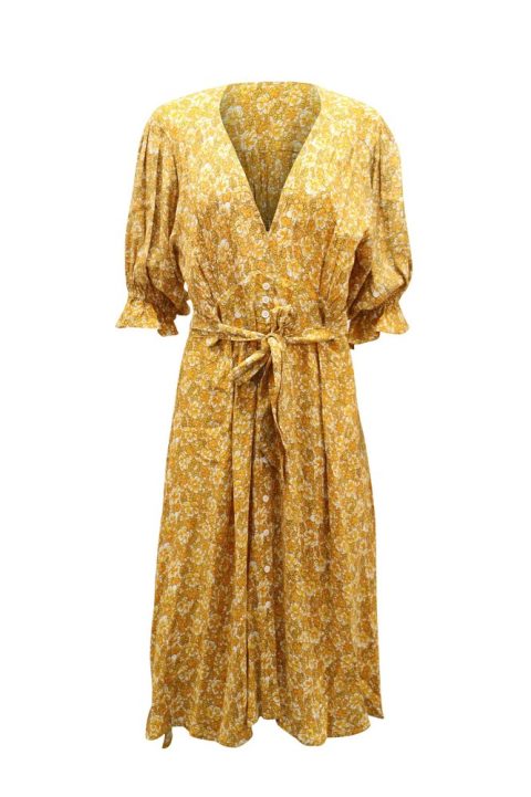 Faithfull The Brand Floral-Print Waist Tie Midi Dress in Yellow Rayon 7765100855356