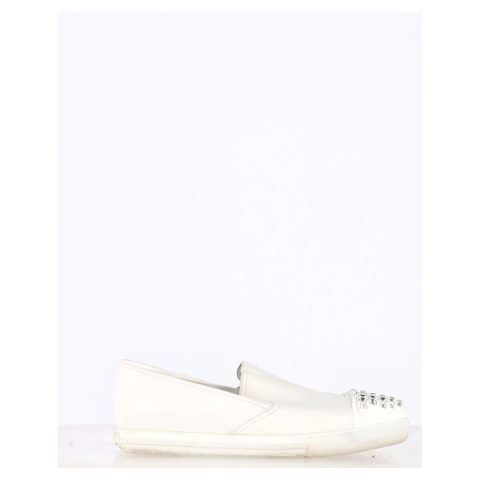 Miu Miu Embellished Slip-On Sneakers in White Leather