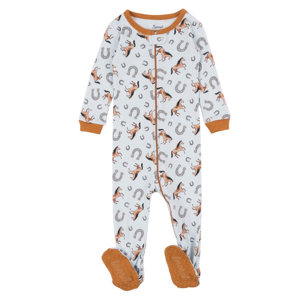 Kids Footed Cotton Pajamas Blue Horse