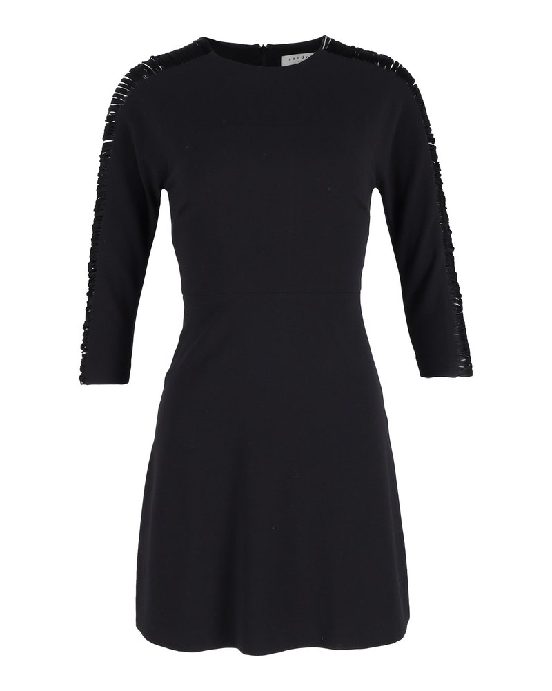 Sandro Fringed Sleeve Mini Dress in Black Polyester