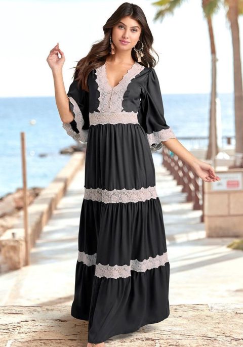 LASCANA Women’s Crochet Lace Trim Maxi Dress 7766126231612