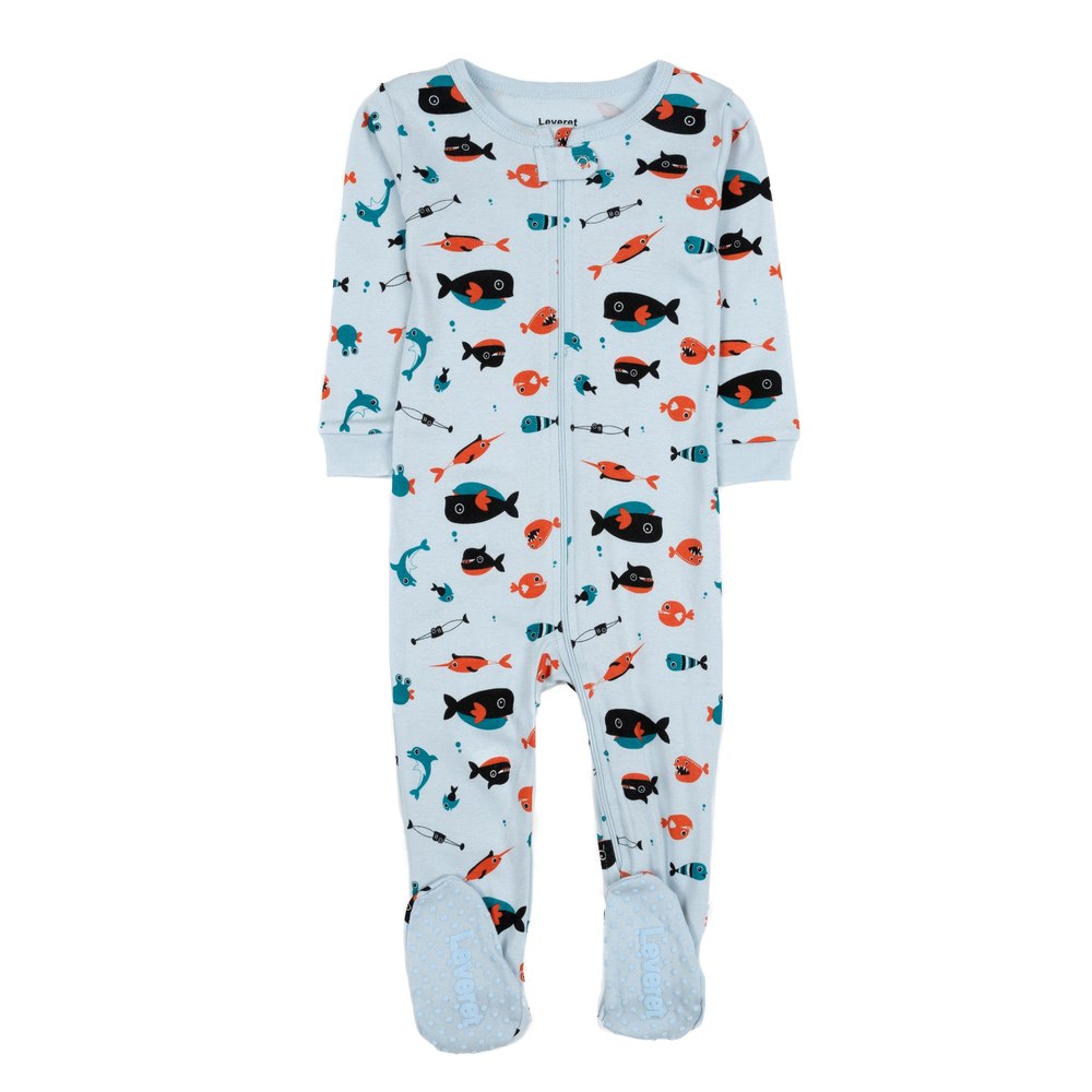Kids Footed Cotton Pajamas Sharks Light Blue