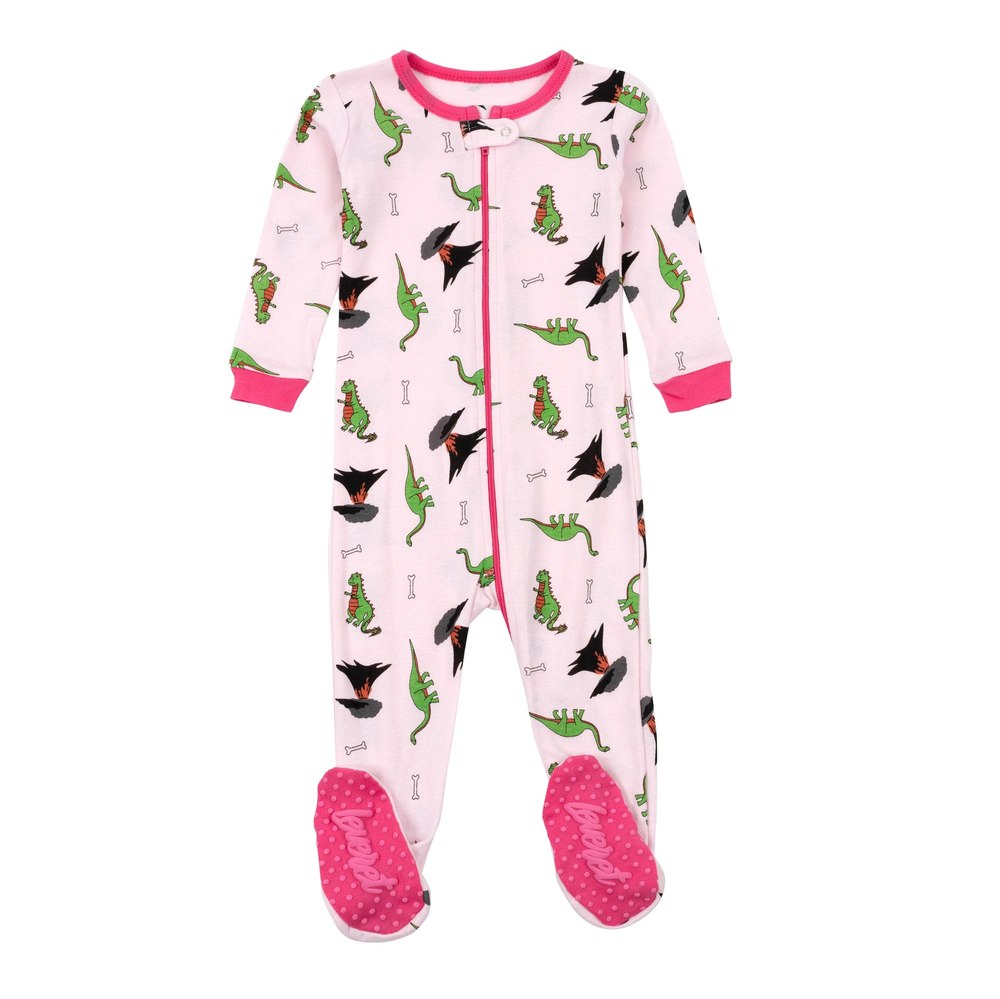 Kids Footed Cotton Pajamas Dinosaur Pink