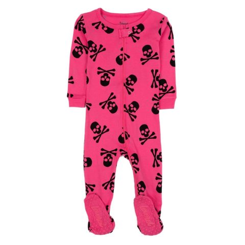 Kids Footed Cotton Pajamas Pink Skulls