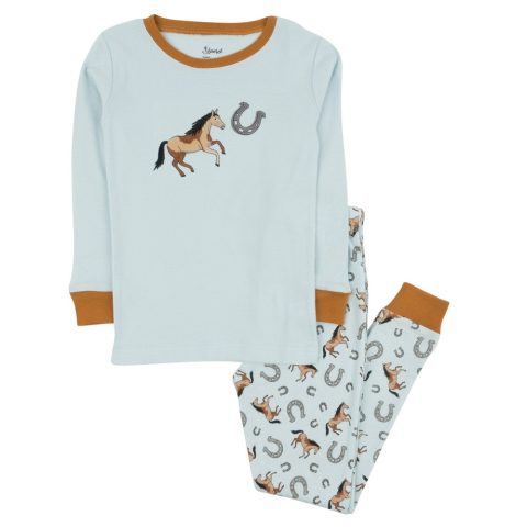 Kids Two Piece Cotton Pajamas Blue Horse