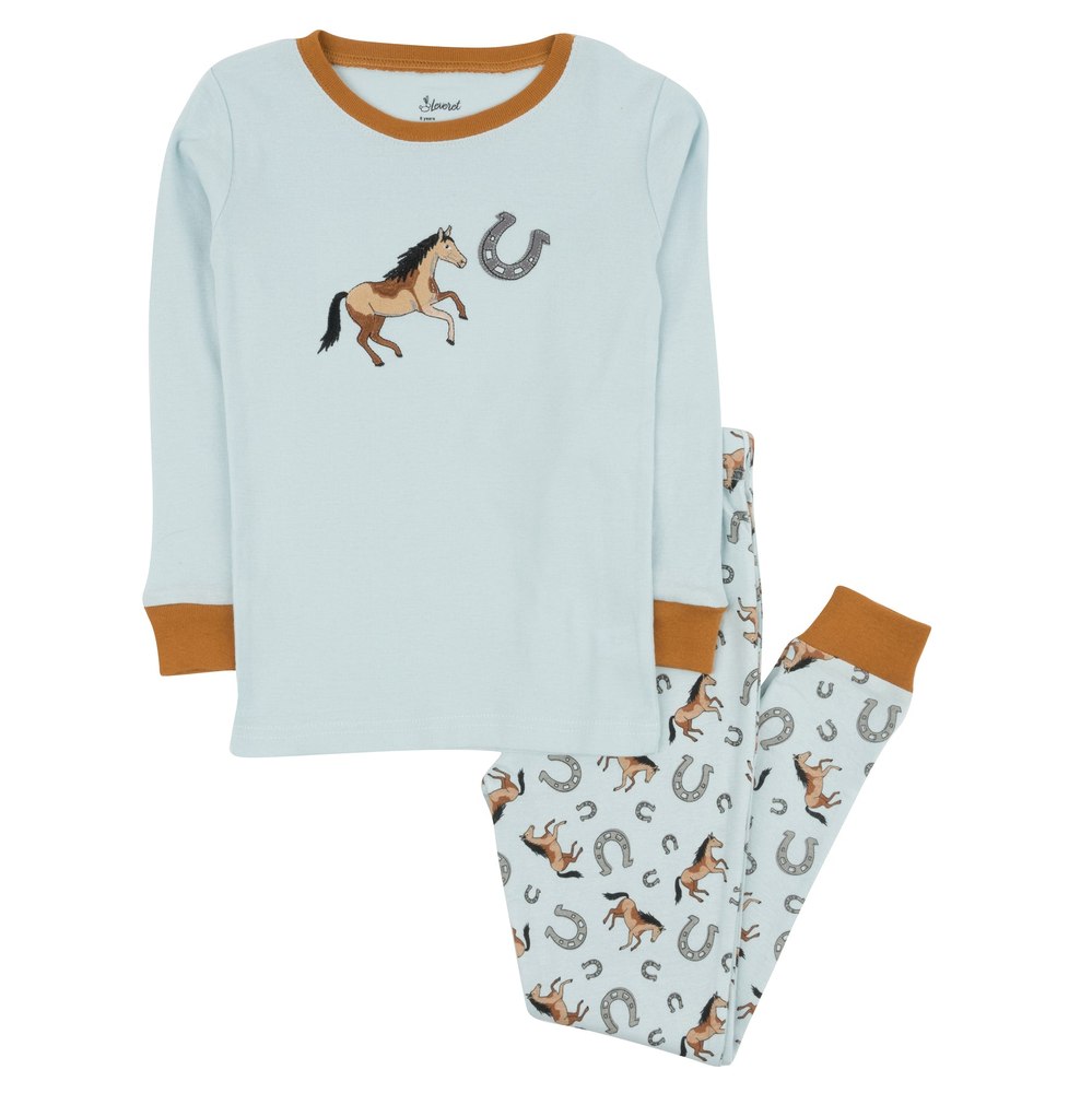 Kids Two Piece Cotton Pajamas Blue Horse