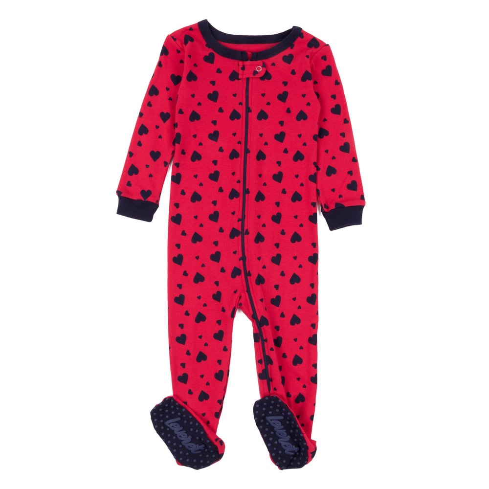 Kids Footed Cotton Pajamas Navy Hearts