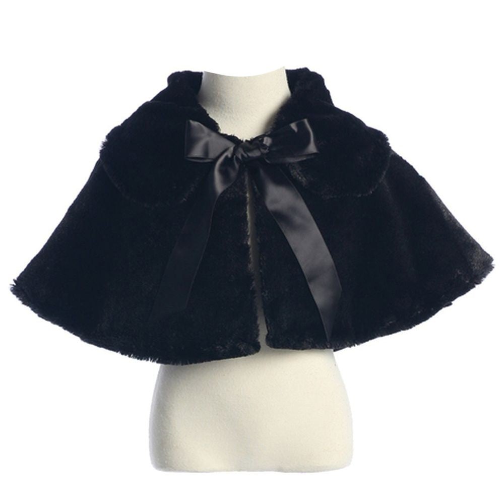 Baby Girls Black Fluffy Faux Ribbon Closure Cape 9-24M