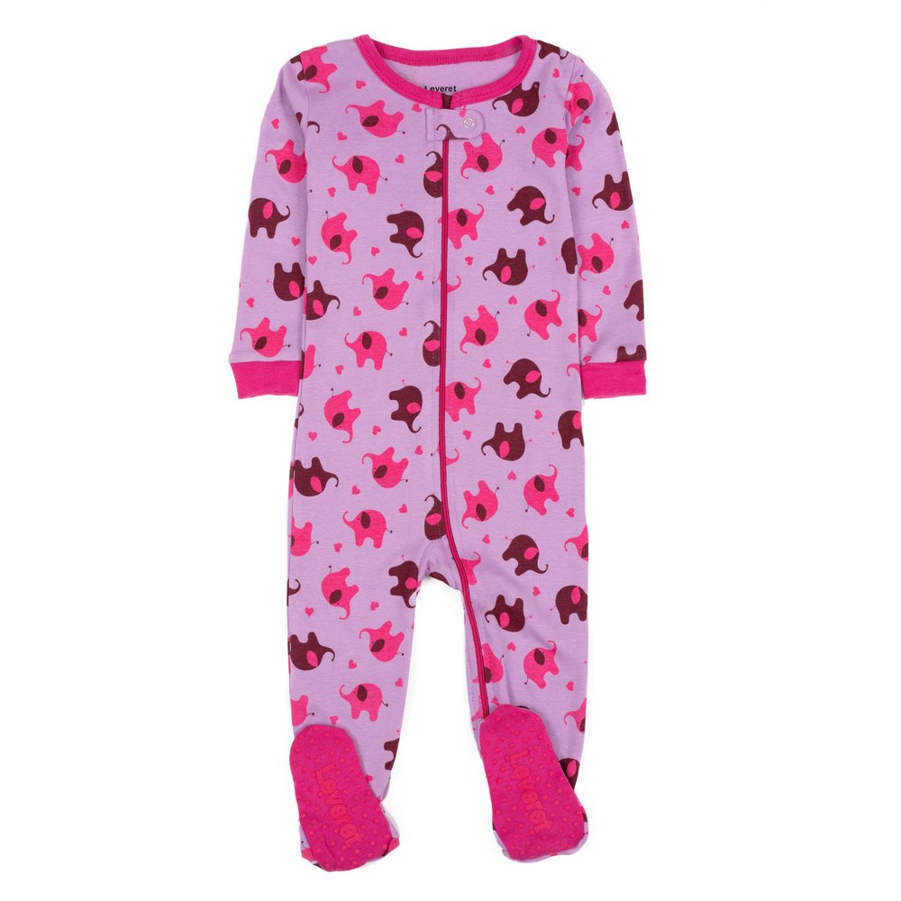 Kids Footed Cotton Pajamas Pink Elephant
