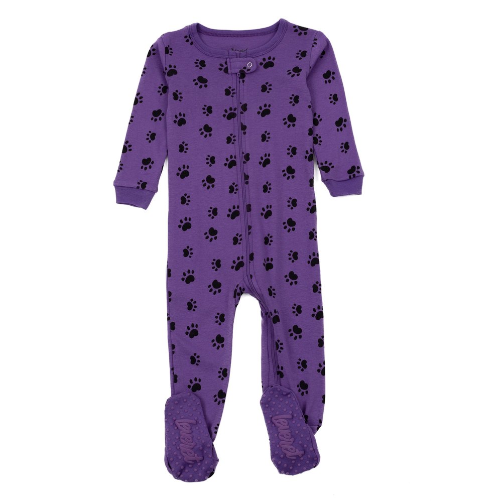 Kids Footed Cotton Pajamas Dog Paw Purple