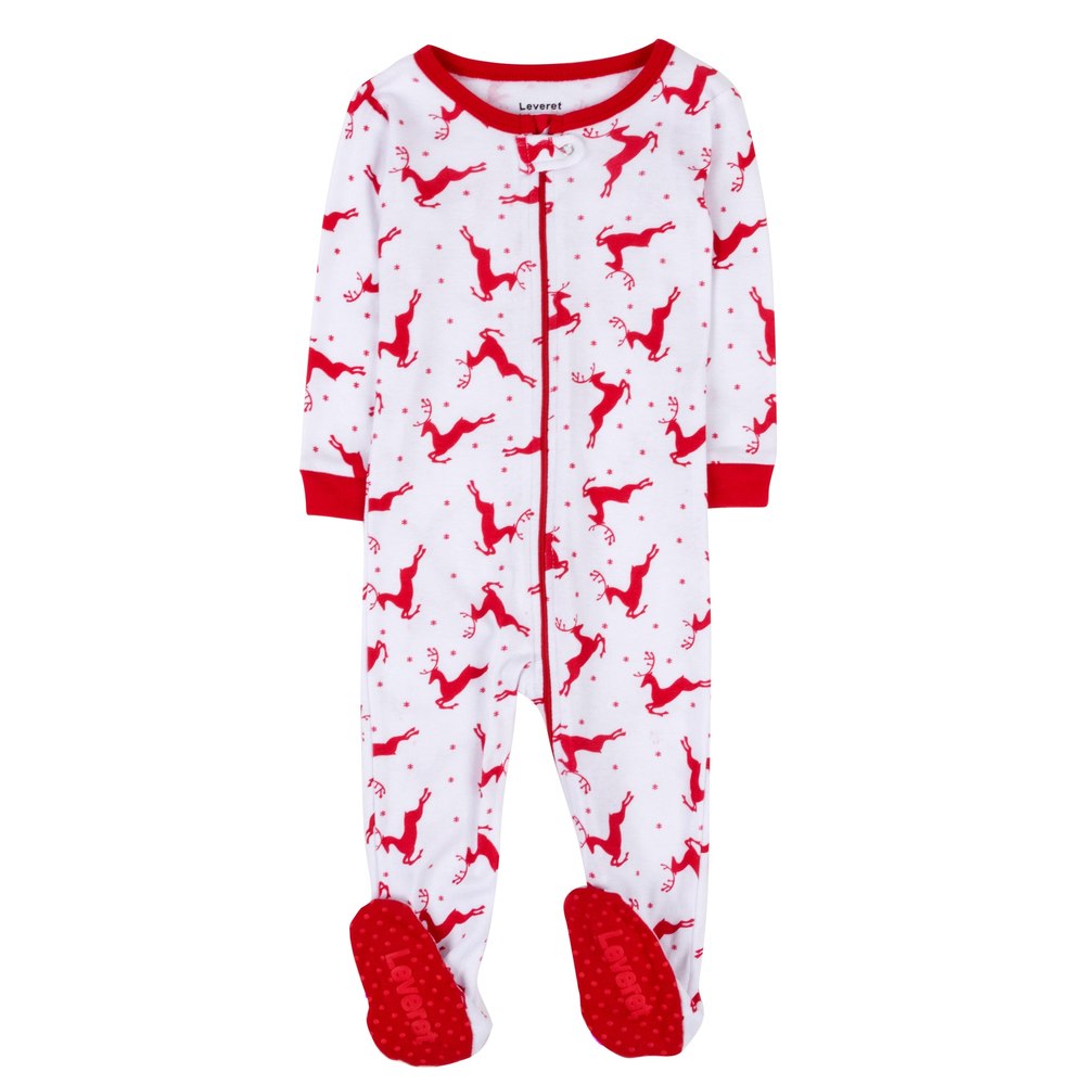 Christmas Kids Footed Cotton Pajamas Reindeer White