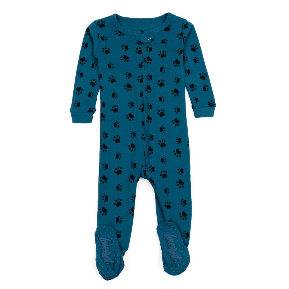 Kids Footed Cotton Pajamas Dog Paw Blue