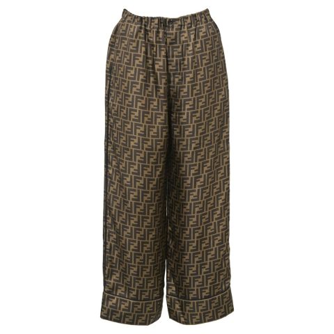 Fendi Logo Wide Leg Pants in Brown Silk 7766489366588