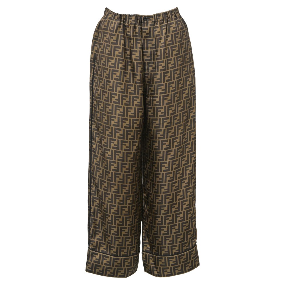 Fendi Logo Wide Leg Pants in Brown Silk 7766489366588