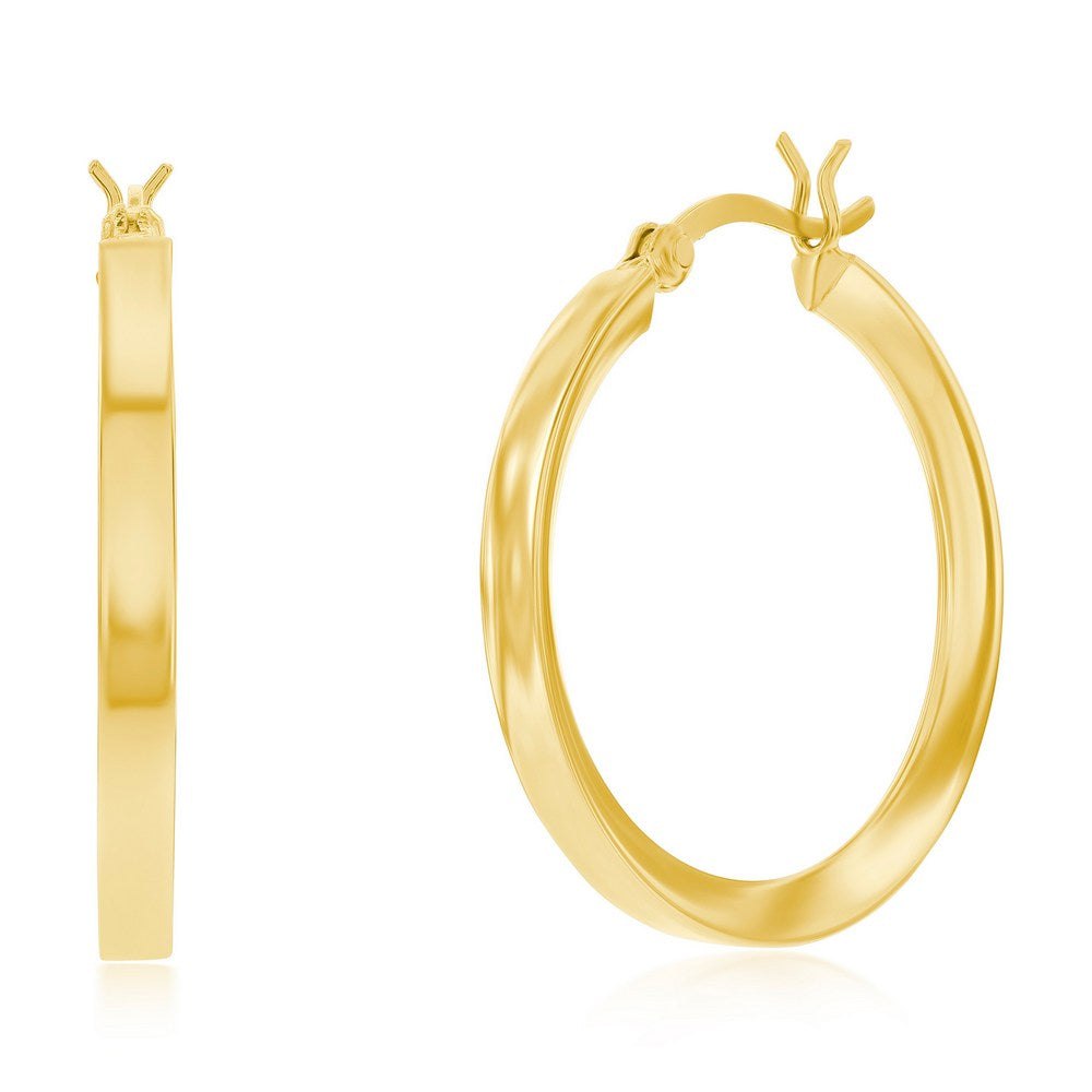 Sterling Silver or Gold Plated over Sterling Silver 3x30mm Fancy Flat Hoop Earrings
