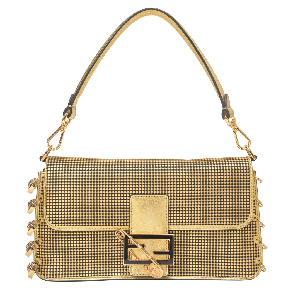Fendace Brooch Baguette Bag in Gold Leather 7766493626428