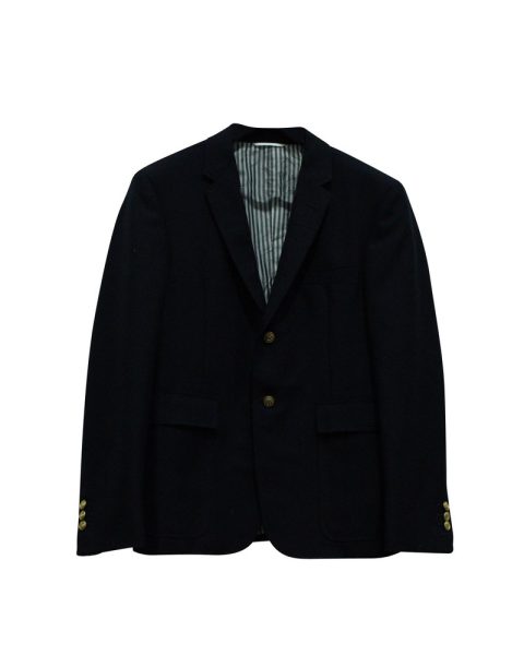 Thom Browne Gold Buttoned Suit Jacket in Navy Blue Wool 7766495658044