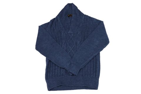Loro Piana Ribbed V Neck Cable Knit Sweater in Blue Linen 7766494904380
