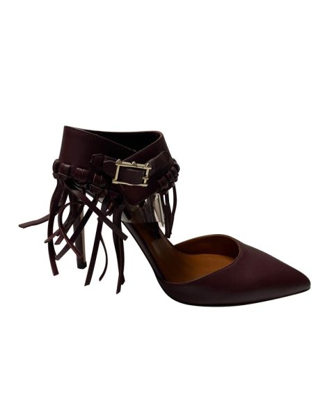 Valentino C-Rockee Fringe Ankle Strap Sandals in Burgundy Leather 7766495395900