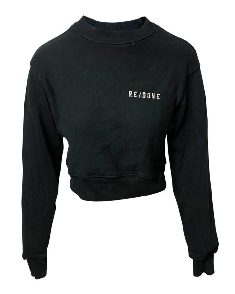 Re/done Cropped Crewneck Sweatshirt in Black Cotton 7766496772156