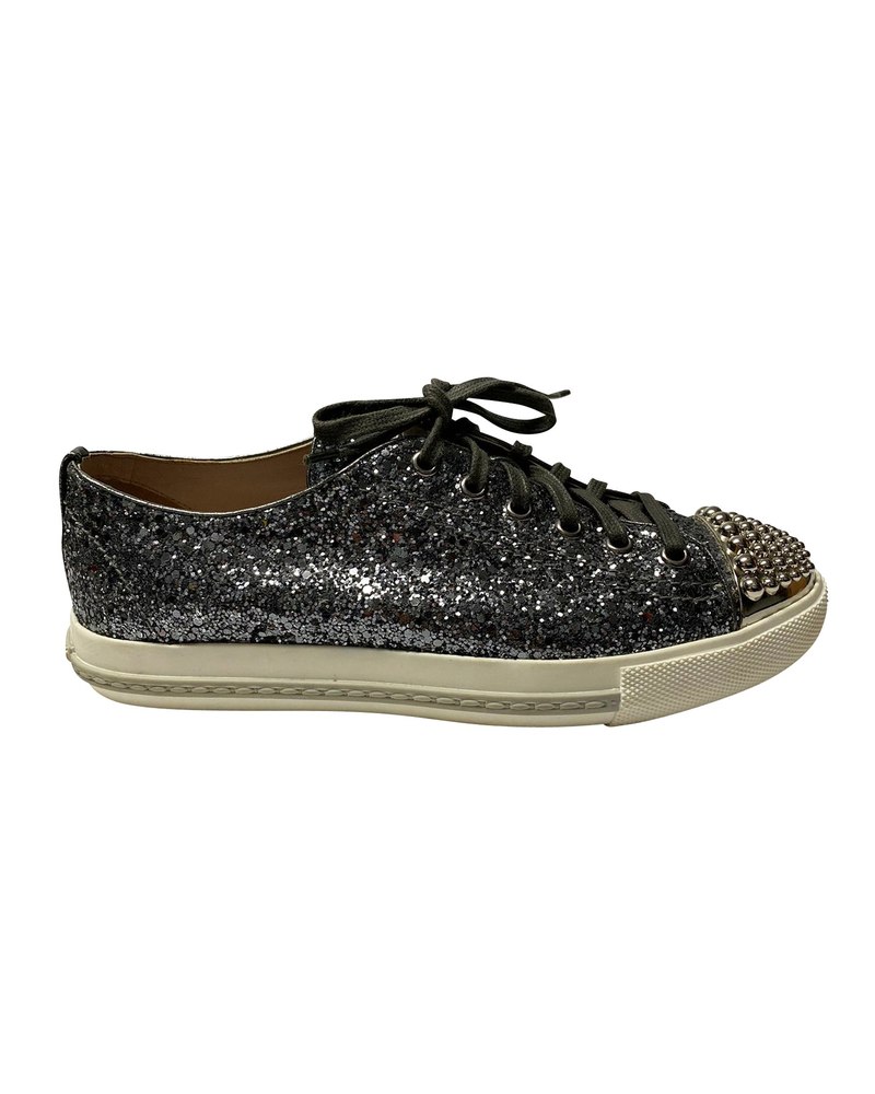 Miu Miu Studded Cap Toe Lace-Up Sneakers in Silver Glitter 7766499262524