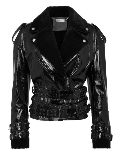 Oversized Shearling & Patent Leather Jacket 7676518498364