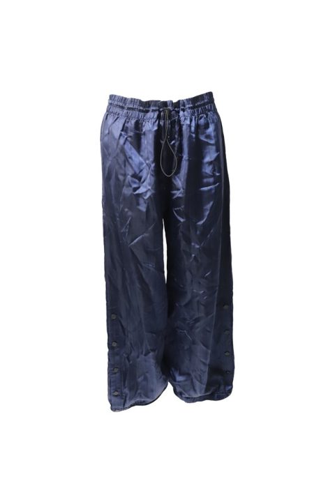 Monse Snap-Embellished Pinstriped Wide-Leg Pants in Navy Blue Satin 7766501294140