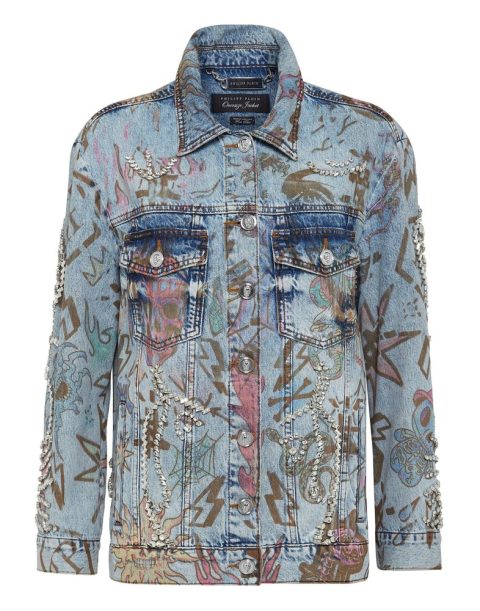 Denim Jacket Oversize Tattoo Monogram with Crystals 7676521087036