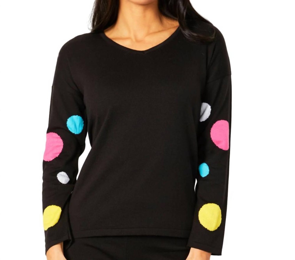 V-Neck Polkadot Detail Sleeve Top In Black