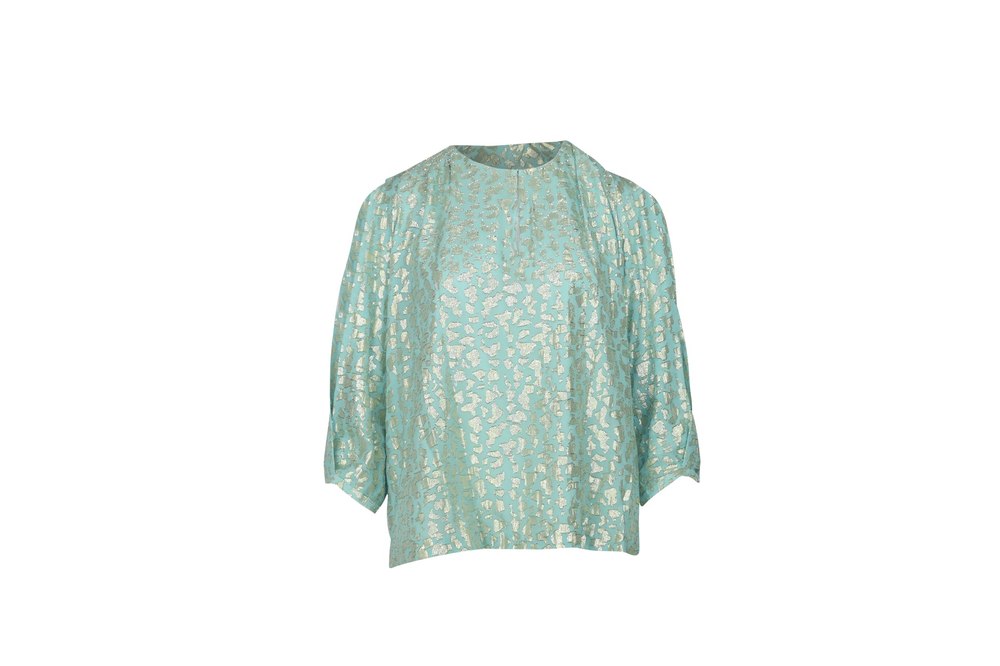 Diane von Furstenberg Astor Metallic-Print Top in Teal Silk 7766510731324