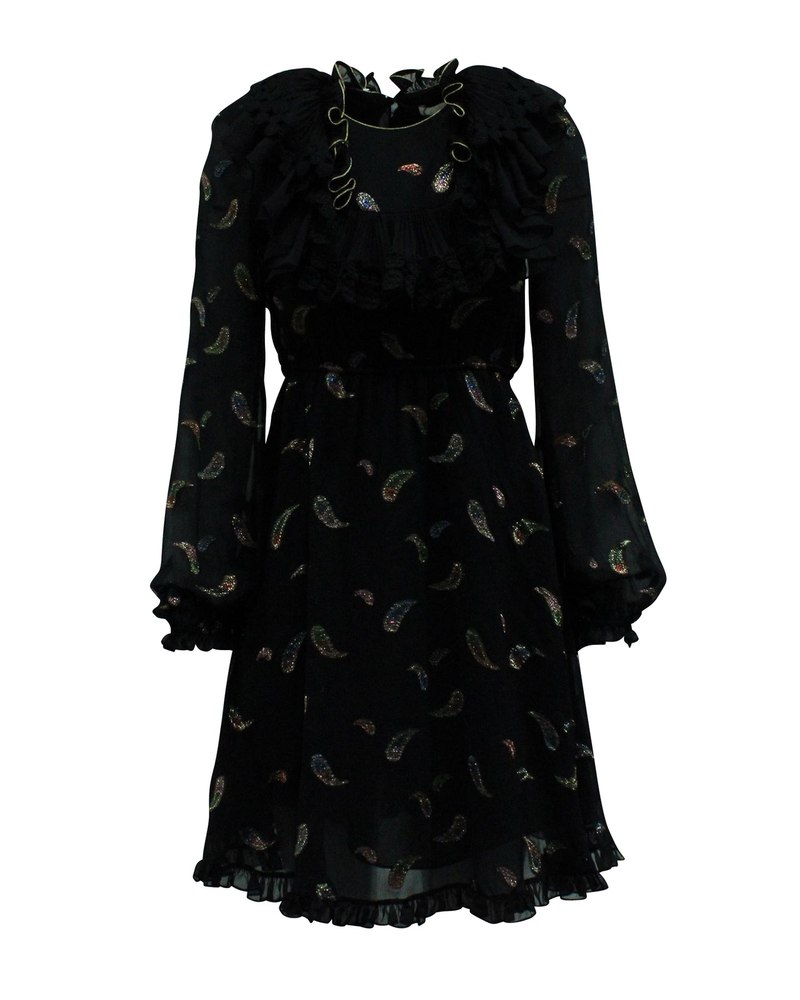 Chloé Paisley Ruffle Mini Dress in Black Cotton 7766516826172