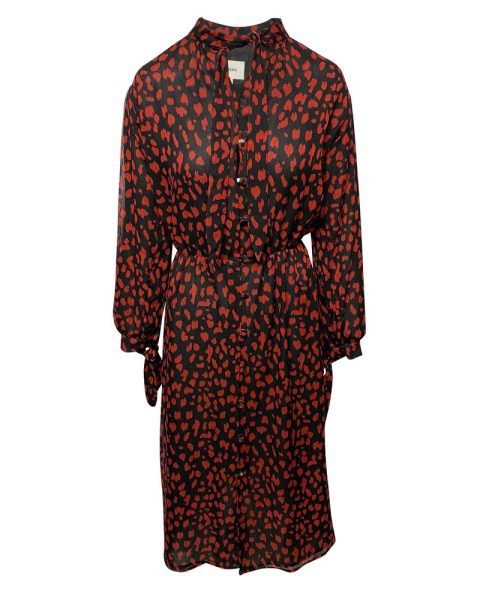 Nanushka Zahara Pussy Bow Printed Midi Dress in Black Print Polyester 7766520299580