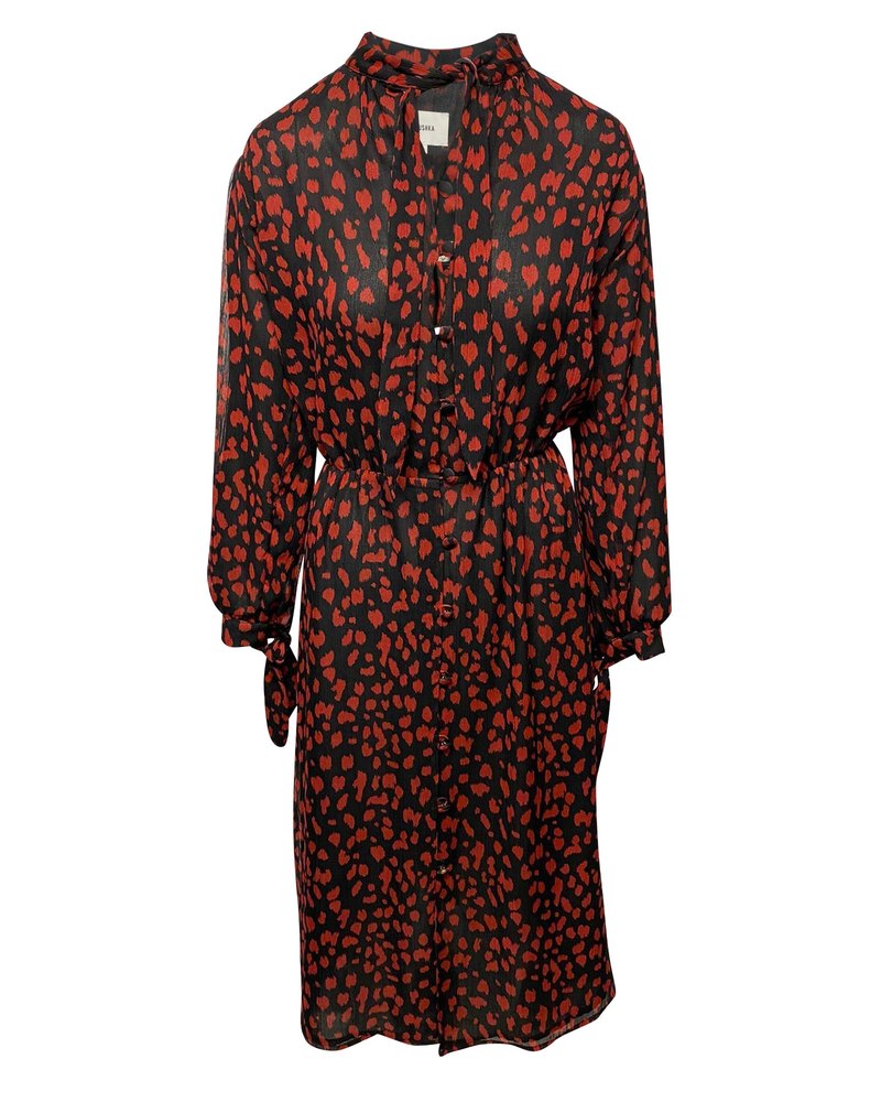 Nanushka Zahara Pussy Bow Printed Midi Dress in Black Print Polyester 7766520299580