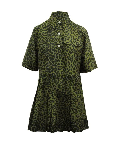 Ganni Crispy Jacquard Button Front Dress in Green Polyester 7766519742524